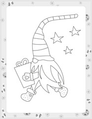Christmas coloring page printable for children. Preschool games. Cute Christmas Gnome with present. Black and White Page for Xmas Coloring Book KDP. Vector illustration.