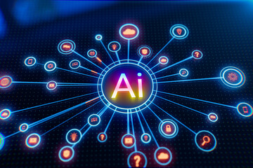 Artificial intelligence and machine learning concept. Abstract technology background. 3D rendering.