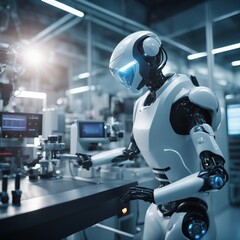 Futuristic AI-powered robot assisting a scientist in a high-tech laboratory