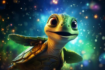Illustration of a cheerful cartoon turtle with a contagious smile created with Generative AI technology