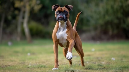 playful boxer dog in the park, in the yard, on the grass - obrazy, fototapety, plakaty