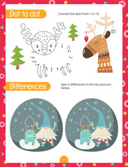 Christmas Gnomes Activity Pages for Kids. Printable Activity Sheet with Christmas Characters Mini Games – Dot to dot, Spot 5 differences. Vector illustration.