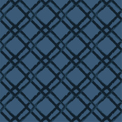 Abstract. Geometry seamless pattern. Ikat brush style indigo and white background. Vector.