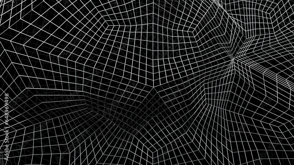 Poster abstract space with curving 3d grid. design. cyber mesh with moving geometric curves. 3d grid in cyb