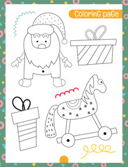 Christmas coloring page printable for children. Preschool games. Christmas Santa Claus, Horse, Gifts. Page for Xmas Coloring Book. Vector illustration.