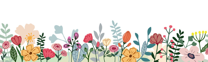Horizontal floral banner seamless pattern on white background. Doodle colorful blooming flowers, foliage. Spring summer botanical flat vector illustration