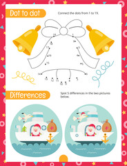 Christmas Activity Pages for Kids. Printable Activity Sheet with Christmas Characters Mini Games – Dot to dot, Spot 5 differences. Vector illustration.