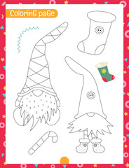 Christmas coloring page printable for children. Preschool games. Christmas Gnomes. Page for Xmas Coloring Book. Vector illustration.