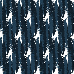 Abstract. Geometry seamless pattern. Ikat brush style indigo and white background. Vector.