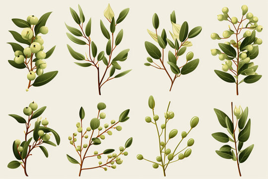 set of clean and simple mistletoe graphic images with single sprigs, suitable for modern and understated holiday designs