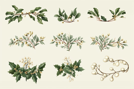 set of mistletoe graphic images designed in vintage frame styles, perfect for adding nostalgia to holiday designs