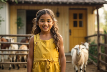 Happy little girl and the goats at the Farm House 