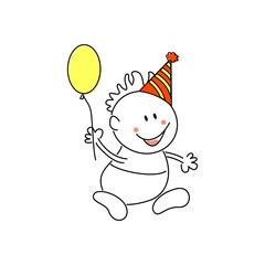 Birthday. Children. Comic book character drawing. Happy birthday. Funny child with a balloon. Congratulation sticker cartoon. Vector illustration isolated on white background.