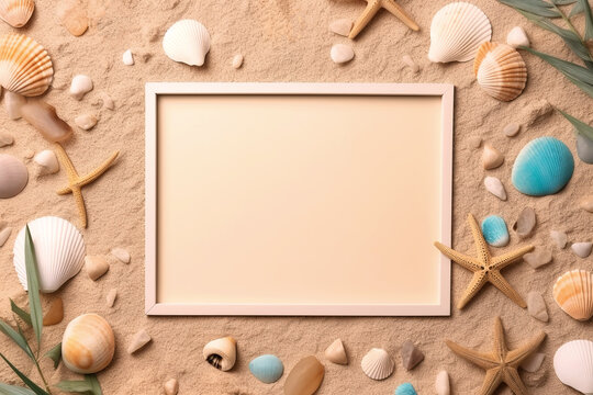 Picture frame decorated with shells small stones, beach sand Background