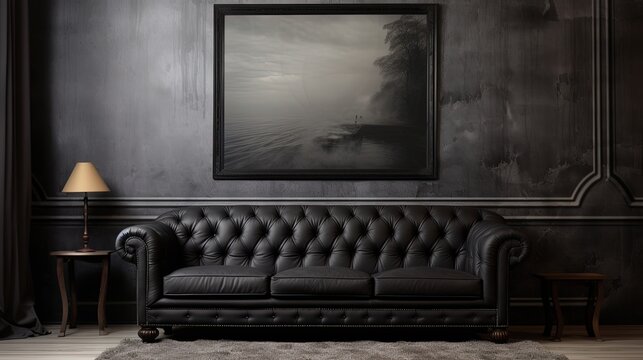 Fototapeta Luxurious black sofa with aesthetic style, generated by AI
