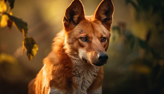 Photo of a close-up of a dhole asian wild dog with a blurred background