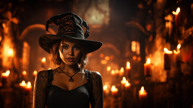 Elegante Frau mit mit Hexenhut im Schlo&szlig; zu Halloween mit vielen brennenden Kerzen Portr&auml;t im Querformat f&uuml;r Banner, ai generativ