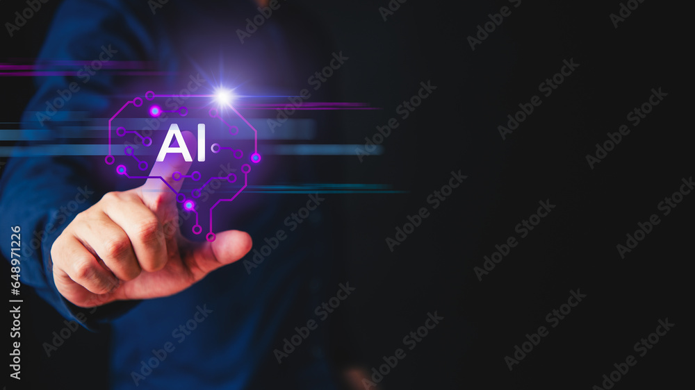 Poster businessman hand pushing a button on artificial intelligence ai touch screen interface on black back