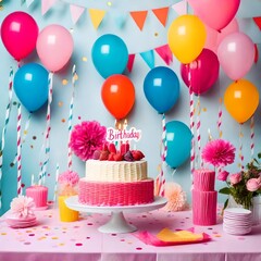 Birthday balloons and happy birthday cake with colorful candles