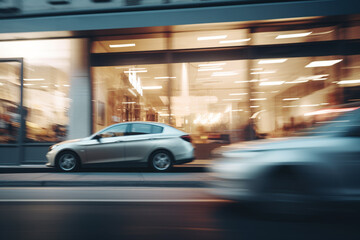 Shop boutique storefront and car in motion. Modern retail store or shop entrance with glass window with passing car by on the street. Generative AI