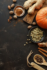 Seasonal autumn ingredients for cooking pumpkin pie, cookies or latte. Pumpkin, ginger and various...