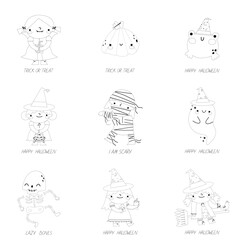 Halloween coloring page for kids. Cartoon children in Halloween costumes. Cute children, witch, dracula, pumpkin, bat, mummy, frog,ghost, skeleton