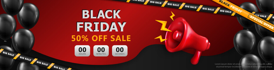 Template of Black Friday advertisement header with super sale countdown, red shouting megaphone, 3d black glossy balloons and striped barrier tapes. Promotional panoramic banner with discount timer