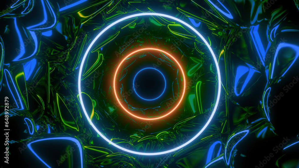 Poster glowing rings move with reflection in tunnel. design. bright glowing circles move in tunnel with gli