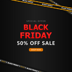 Black square ad banner with crossed tapes, sale advertising and shop now button for Black Friday event. Promotional post wallpaper with discount info and ribbons. Marketing poster with special offer