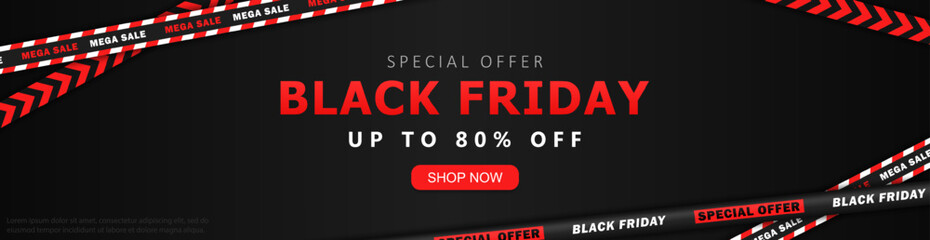 Black wide banner with crossed tapes, sale advertising and shop now button for Black Friday event. Promotional header with discount info and ribbons. Marketing panoramic poster with special offer