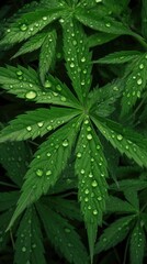 Close-Up: Water Drops on Hemp Leaf