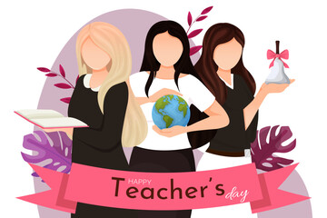 teacher's day a woman with a book and a woman with a globe, a woman with a bell