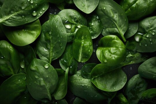 Green Spinach Leaves with Water Drops: Seamless Background
