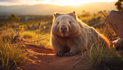 Photo of a majestic brown wombat standing in a vast dirt field