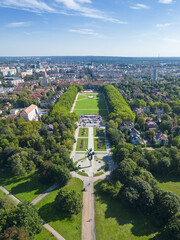 aerial view of the city szczecin town hall, symmetric park and recreational green area, vertical