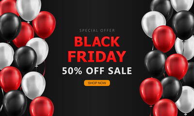 Template of Black Friday banner with super sale advertisement and 3d glossy balloons. Promotional poster, dark wallpaper with discount info and shop now button for website of social media page