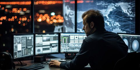 Real-time Surveillance: Security Guard Commanding the Central Control Panel