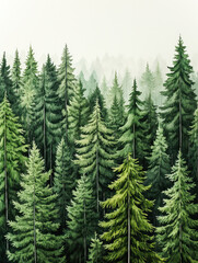Fototapeta premium Mystic Canopy: A Journey Through the Fog-Enshrouded Evergreen Forest