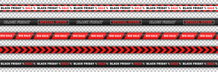 Set of seamless bright red realistic ribbons with text - big sale, Black Friday. Collection of endless barricade tapes, discount stripes for online shopping isolated on transparent background