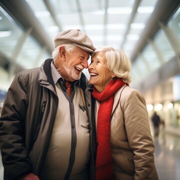 A senior duo's warm hug at the airport tells the story of their adventurous senior travel experiences and cultural immersion. Generative ai
