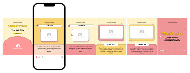 Microblog or carousel post template design for social media. Six page in portrait frame, seamless, retro 90's aesthetic style with yellow and pink colors theme.