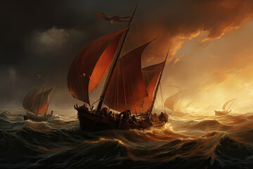 Viking ships fighting the storm. Wooden boats of the Vikings setting out to conquer. - obrazy, fototapety, plakaty