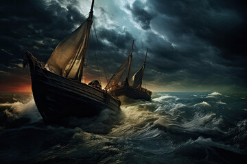 Viking ships fighting the storm. Wooden boats of the Vikings setting out to conquer.