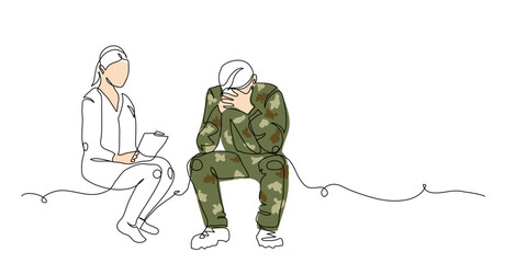 Veteran, soldier and psychotherapist during ptsd therapy session. One continuous line art drawing of mental rehabilitation of soldier