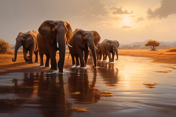 Fototapeta na wymiar A group of elephants walks along the beach at sunset. Generative AI 