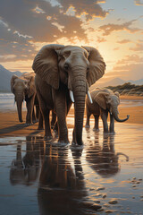 A group of elephants walks along the beach at sunset. Generative AI 