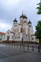 Fototapeta na wymiar Alexander Nevsky Cathedral in the city of Tallinn. Rainy day with gray sky.