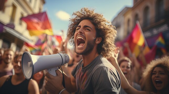 Male activist with a microphone at pride parade,  LGBT concept