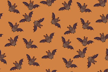 Seamless pattern with bats in a simple hand-drawn style. Cute bats on a slightly muted orange background. Autumn print, Halloween concept. Perfect for prints, fabrics, covers, flyers, web design... - 648976453
