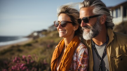a stylish elderly couple walking along the coastline